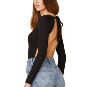 LNA keyhole back open tie ribbed black bodysuit knit long sleeve new Small